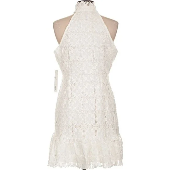 DESIGNER AQUA WHITE LACE HALTER NECKLINE RUFFLE HEM SLEEVELESS DRESS SIZE LARGE - Picture 11 of 16